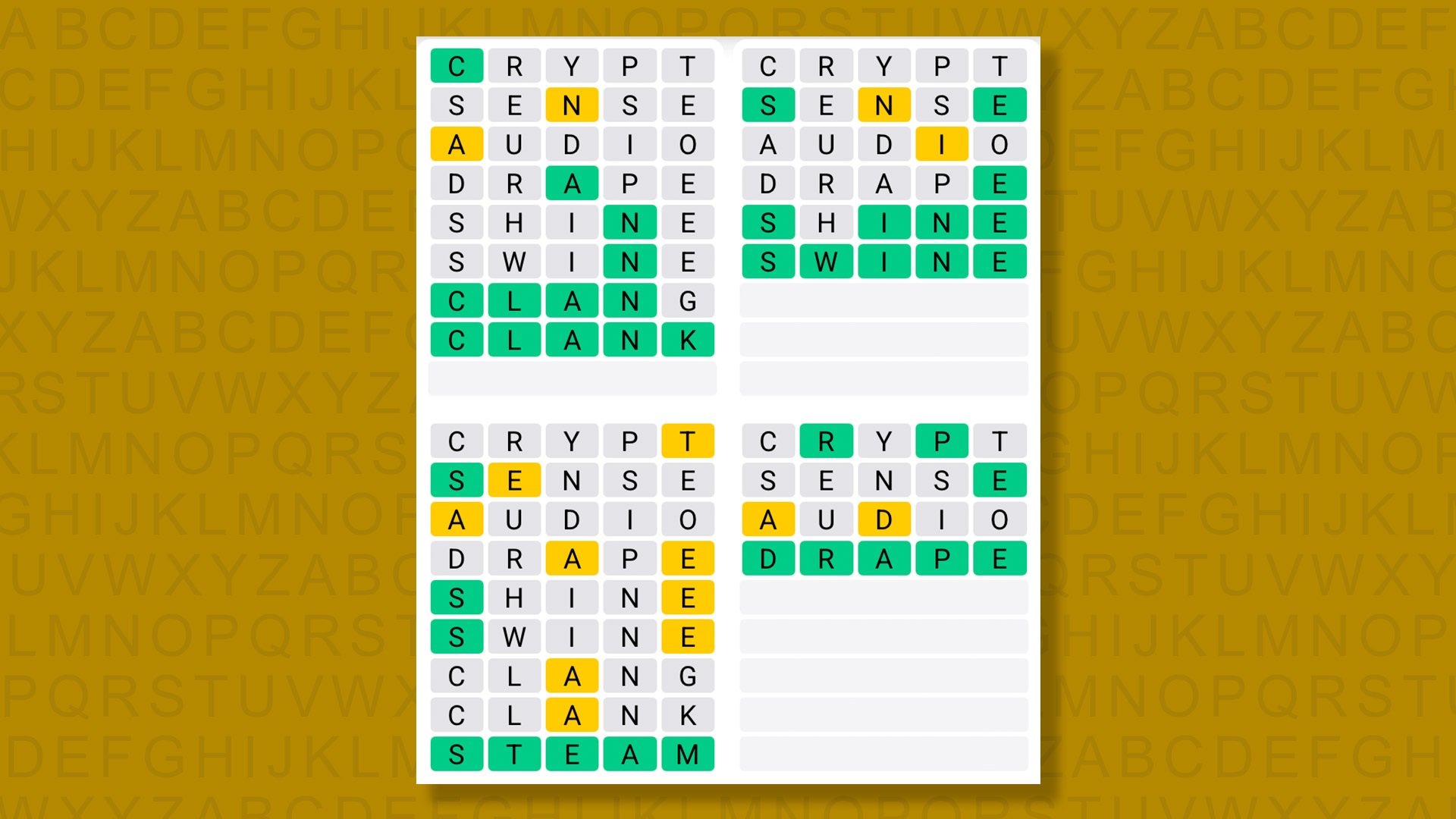 Quordle answers for game 1575 on a yellow background