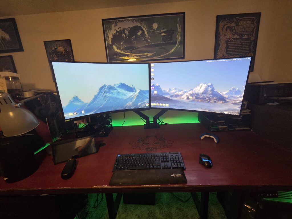 5090 mounted under standing desk + Dual Ultra Wides (1440 & 4k)