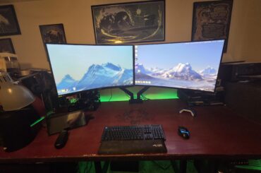 5090 mounted under standing desk + Dual Ultra Wides (1440 & 4k)
