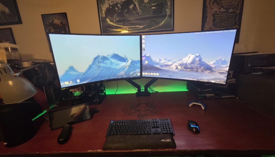 5090 mounted under standing desk + Dual Ultra Wides (1440 & 4k)