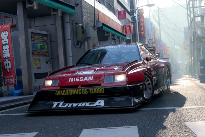 A screenshot of Forza Horizon 6 showing a 1983 Nissan #11 Tomica Skyline Super Silhouette in a Tokyo backstreet.