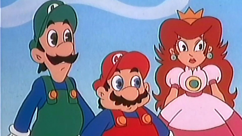 Luigi, Mario, and Princess Toadstool looking concerned in the Super Mario Bros Super Show