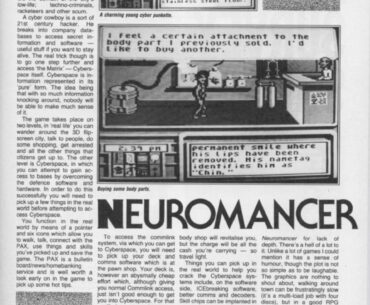 A Neuromancer game on a Commodore 64 being reviewed in a British magazine certainly captures a moment in time…