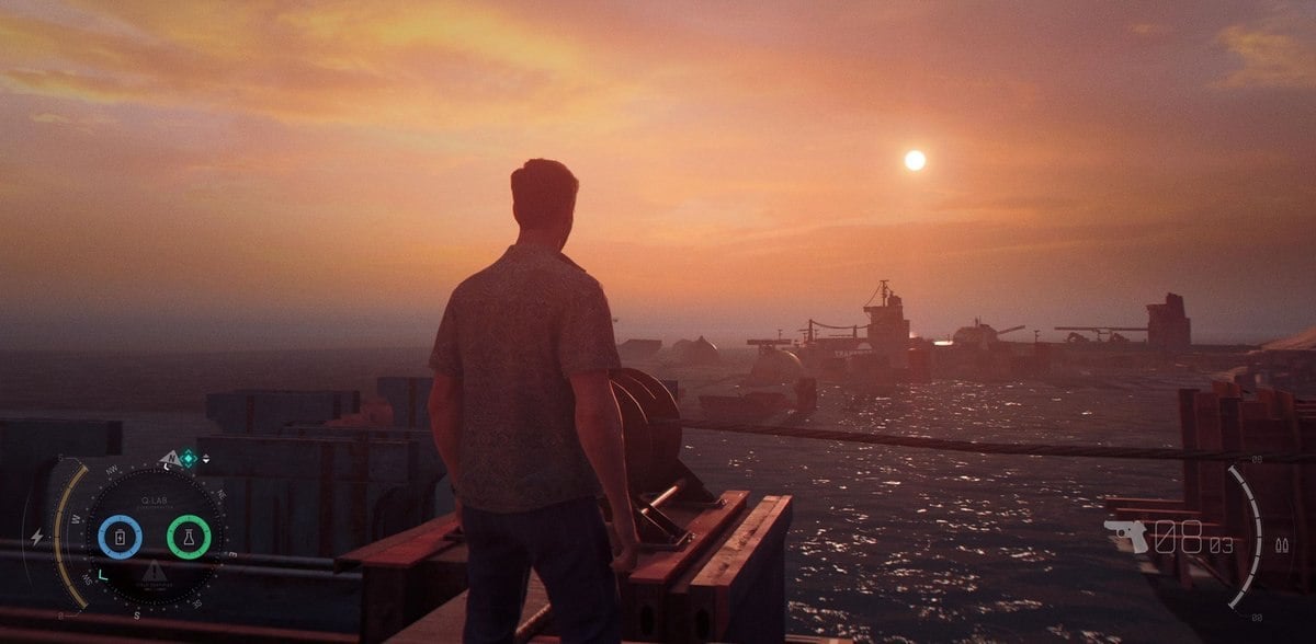 James Bond viewing a sunset in 007 First Light