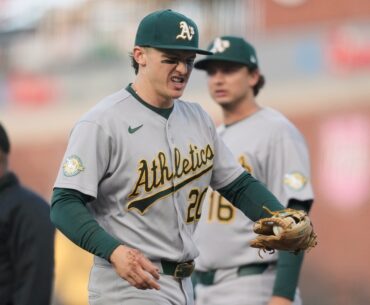 Athletics' Zack Gelof loses hit streak at 24 games after getting spiked on his right hand