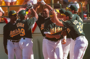 In this Review-Journal file photo, the A’s celebrate after their victory on Sunday, Apri ...