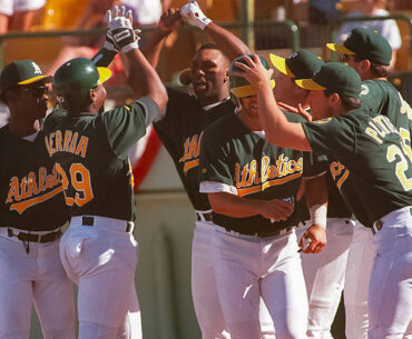 In this Review-Journal file photo, the A’s celebrate after their victory on Sunday, Apri ...