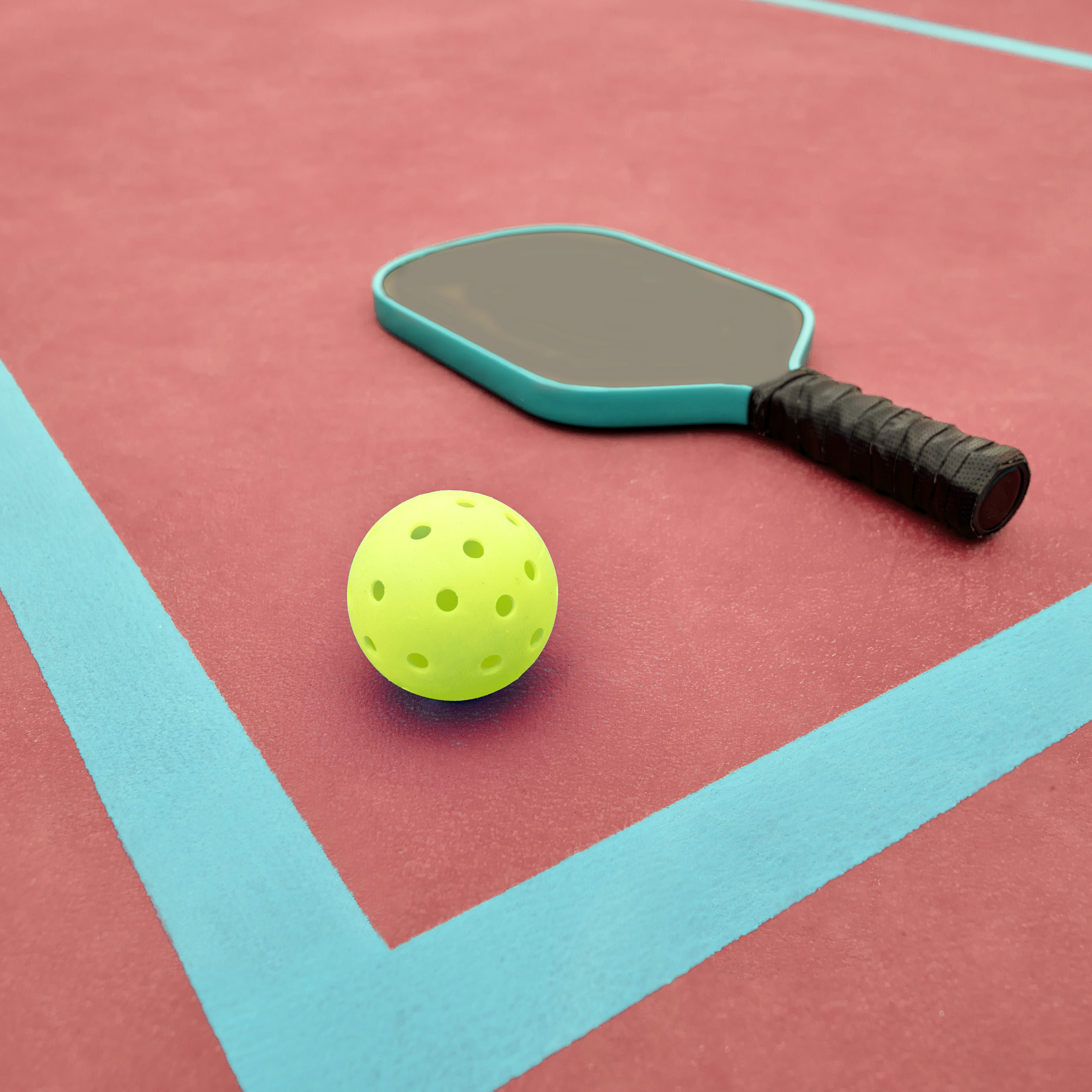Pickleball Paddle and Ball on Red Pickle Ball Court