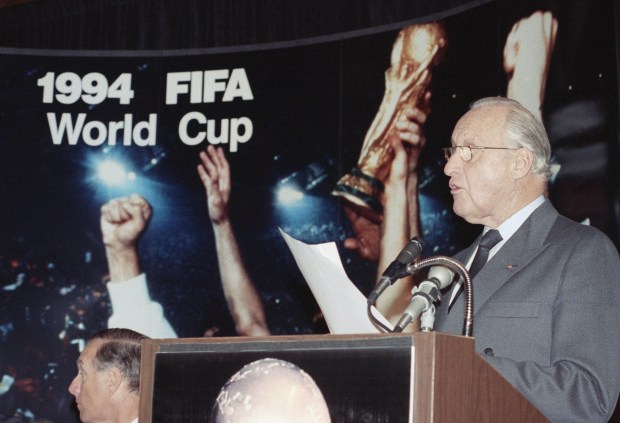 FIFA President Joao Havelange of Brazil speaks at a press conference on the 1994 World Cup in New York on Nov. 28, 1990. (AP Photo/ Marty Lederhandler)