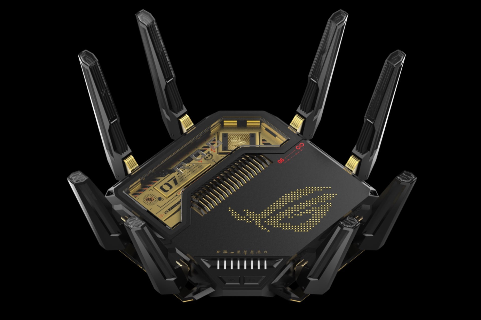 Render showing the top of the ROG Rapture GT-BE98 Pro Edition 20, with its ROG eye logo lit up in gold.