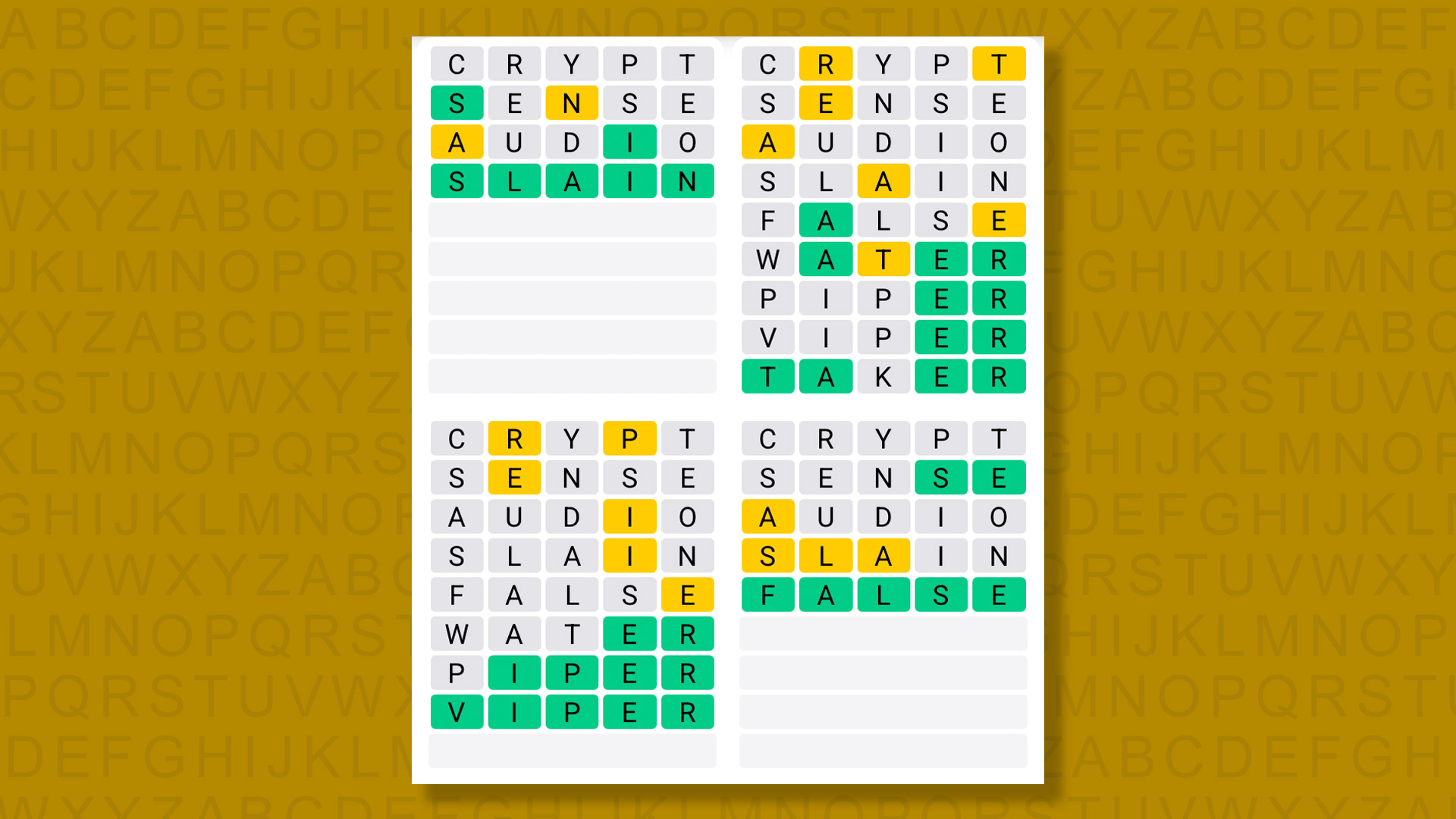 Quordle answers for game 1608 on a yellow background