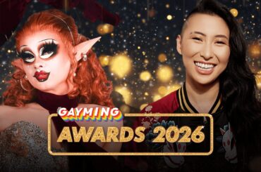 Two smiling hosts pose for a Gayming Awards 2026 banner, with warm golden lights in the background (drag performer left, guest right).