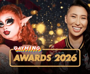 Two smiling hosts pose for a Gayming Awards 2026 banner, with warm golden lights in the background (drag performer left, guest right).
