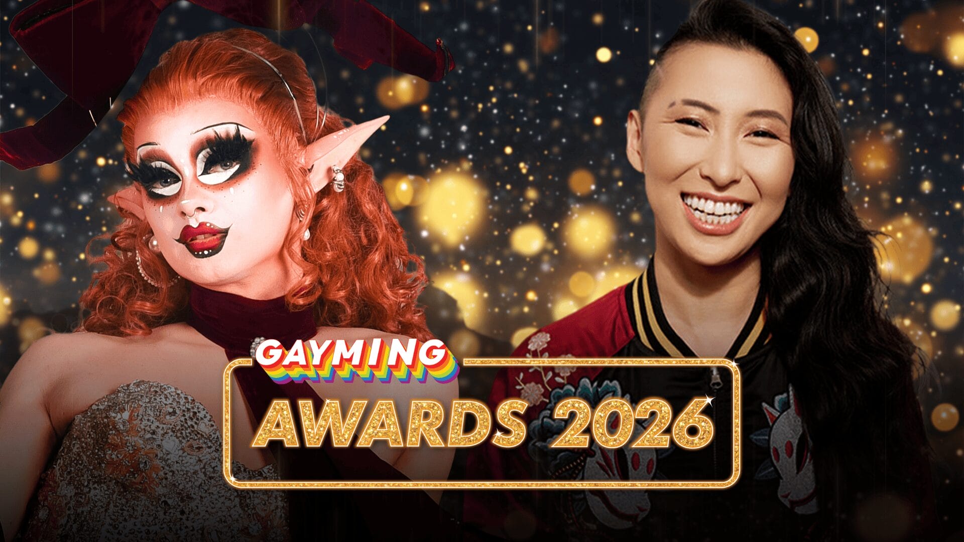 Gayming Awards 2026 Celebrates Queer Games, Community, and Gayming Icon Darion Lowenstein Two smiling hosts pose for a Gayming Awards 2026 banner, with warm golden lights in the background (drag performer left, guest right).