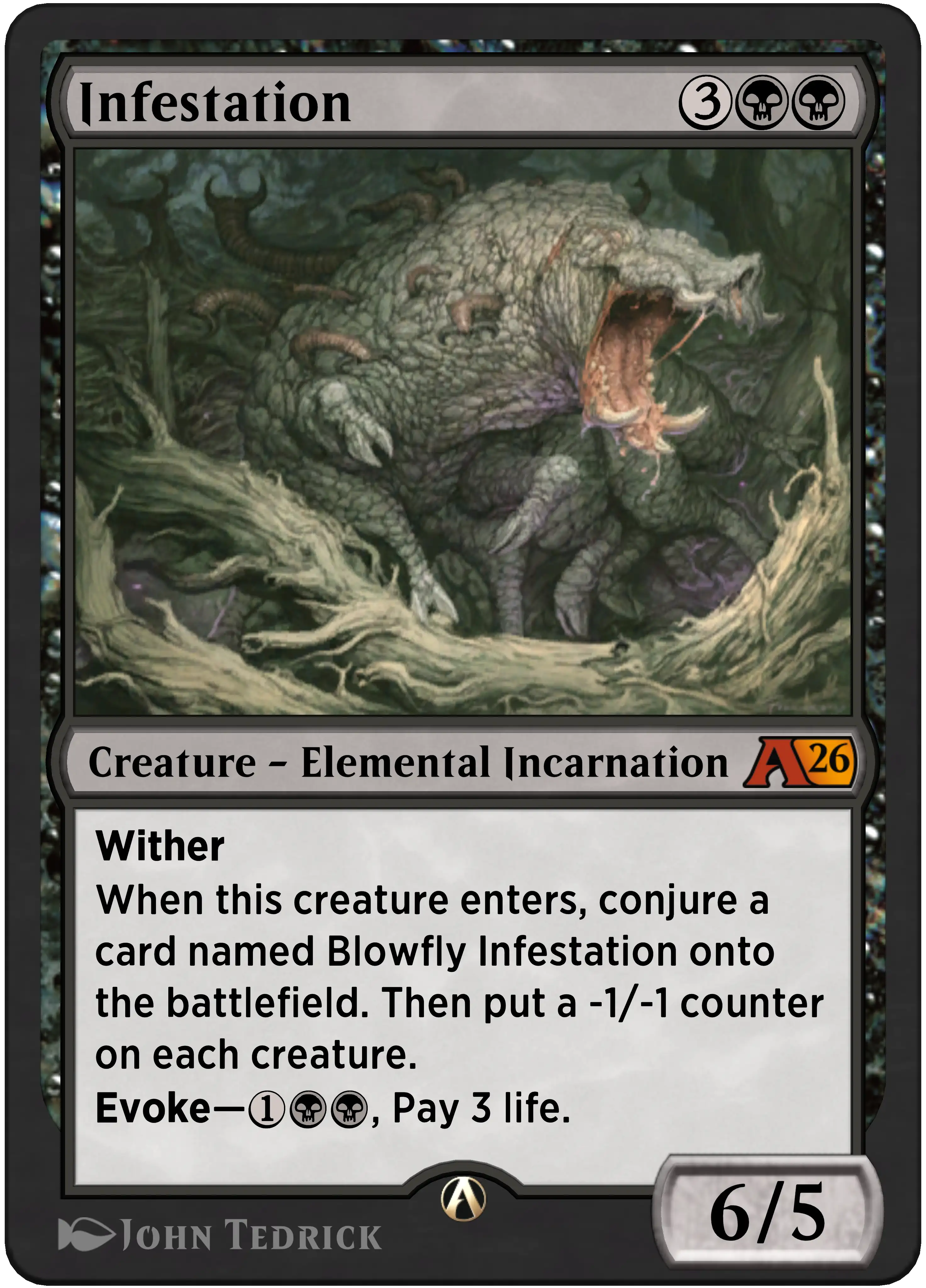 Infestation: Wither-When this creature enters, conjure a card named Blowfly Infestation onto the battlefield. Then put a -1/-1 counter on each creature. Evoke {1}{B}{B}, Pay 3 life