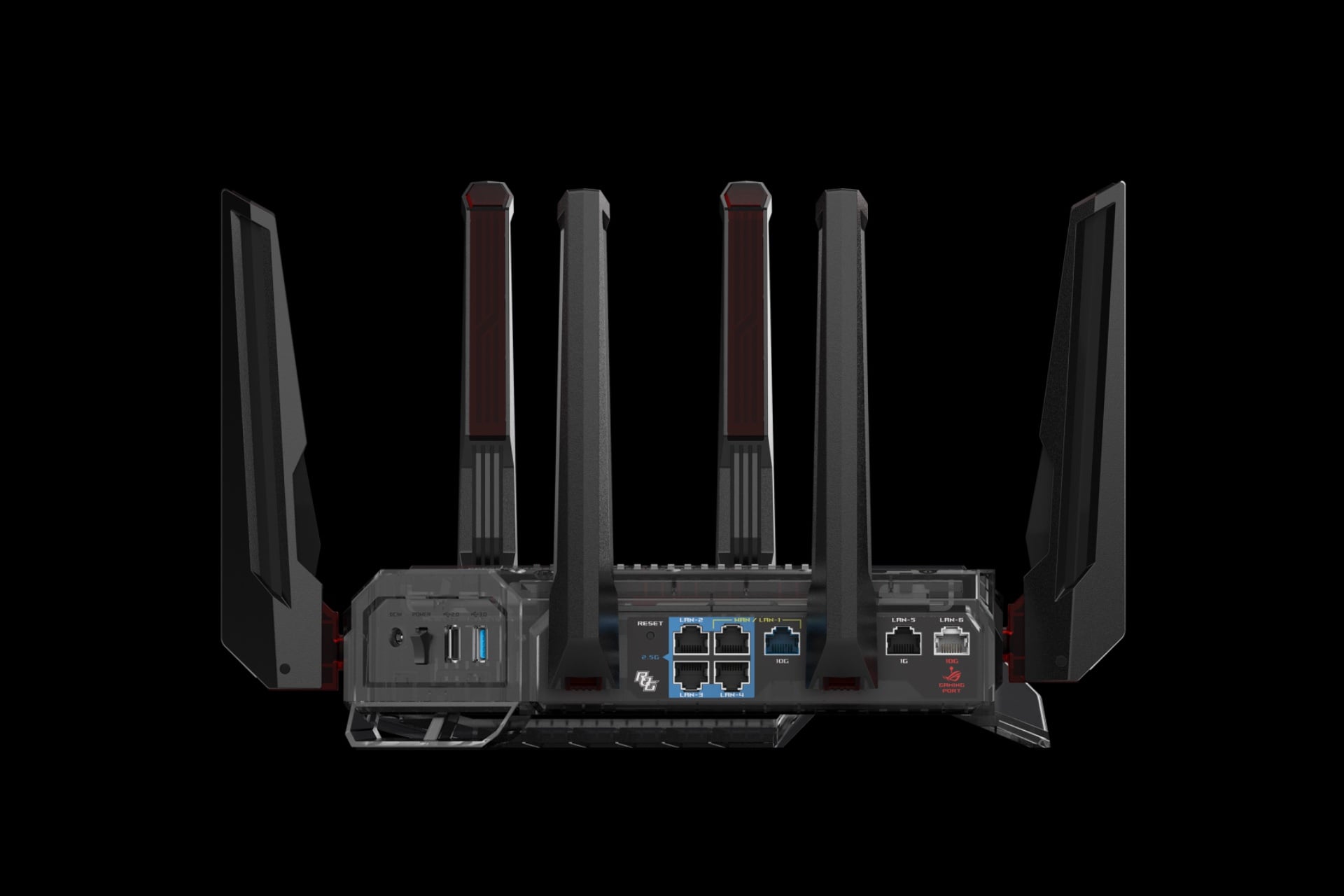 Shot showing the ethernet and USB ports of the ROG Rapture GT-BN98 Pro