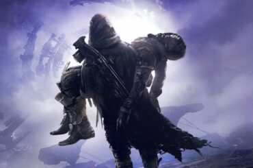 Art of a Hunter character walking away from the camera, holding a dead Cayde-6.