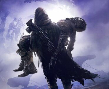 Art of a Hunter character walking away from the camera, holding a dead Cayde-6.