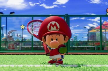 A screenshot from Mario Tennis Fever showing Mario about to serve in a game of tennis