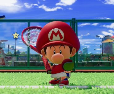 A screenshot from Mario Tennis Fever showing Mario about to serve in a game of tennis