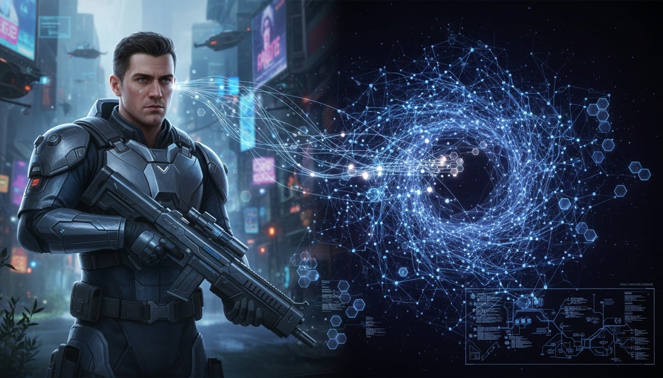 A realistic game character alongside AI neural network visualization, representing artificial intelligence in modern gaming