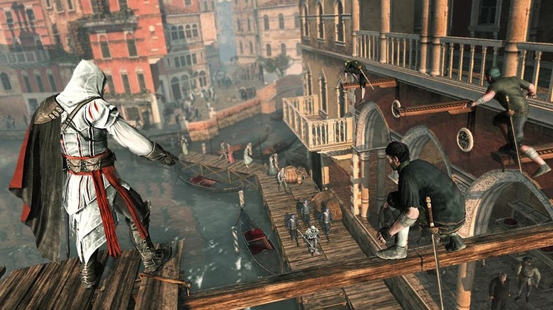 Ezio Auditore stands over the Venetian canals in Assassin's Creed II