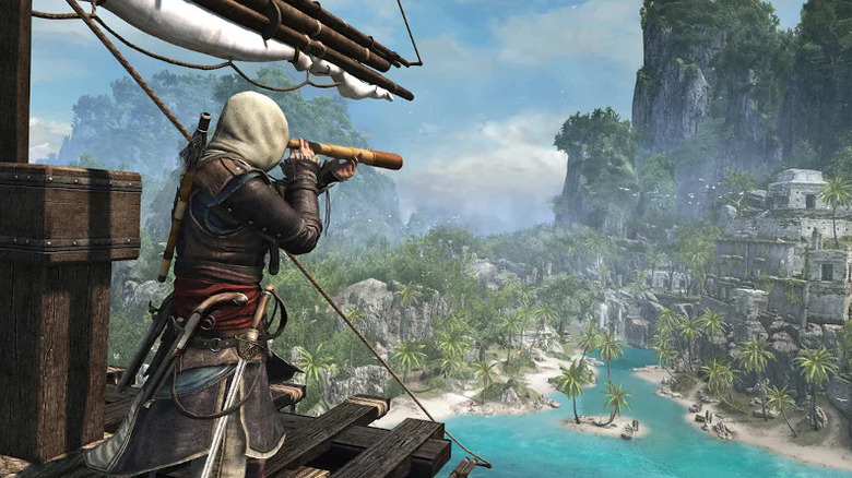 Edward Kenway surveys a Caribbean island with a looking glass in Assassin's Creed IV: Black Flag