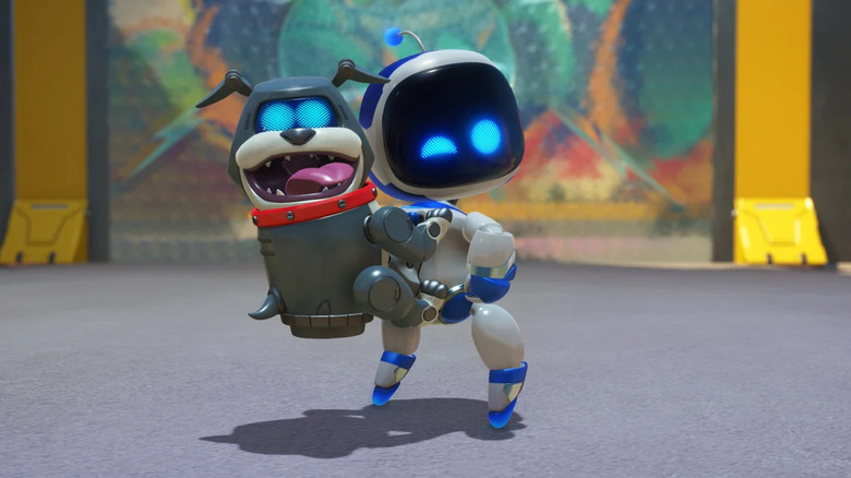 Astro winks with a dog on his back in Astro Bot