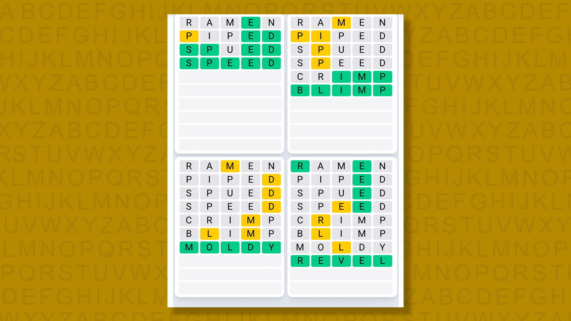 Quordle Daily Sequence answers for game 1608 on a yellow background