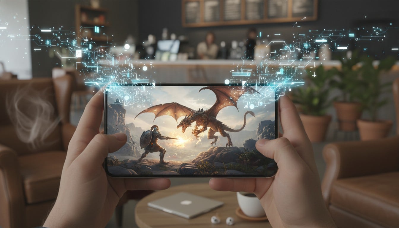 A smartphone displaying a high-quality action game, representing cloud gaming streaming technology