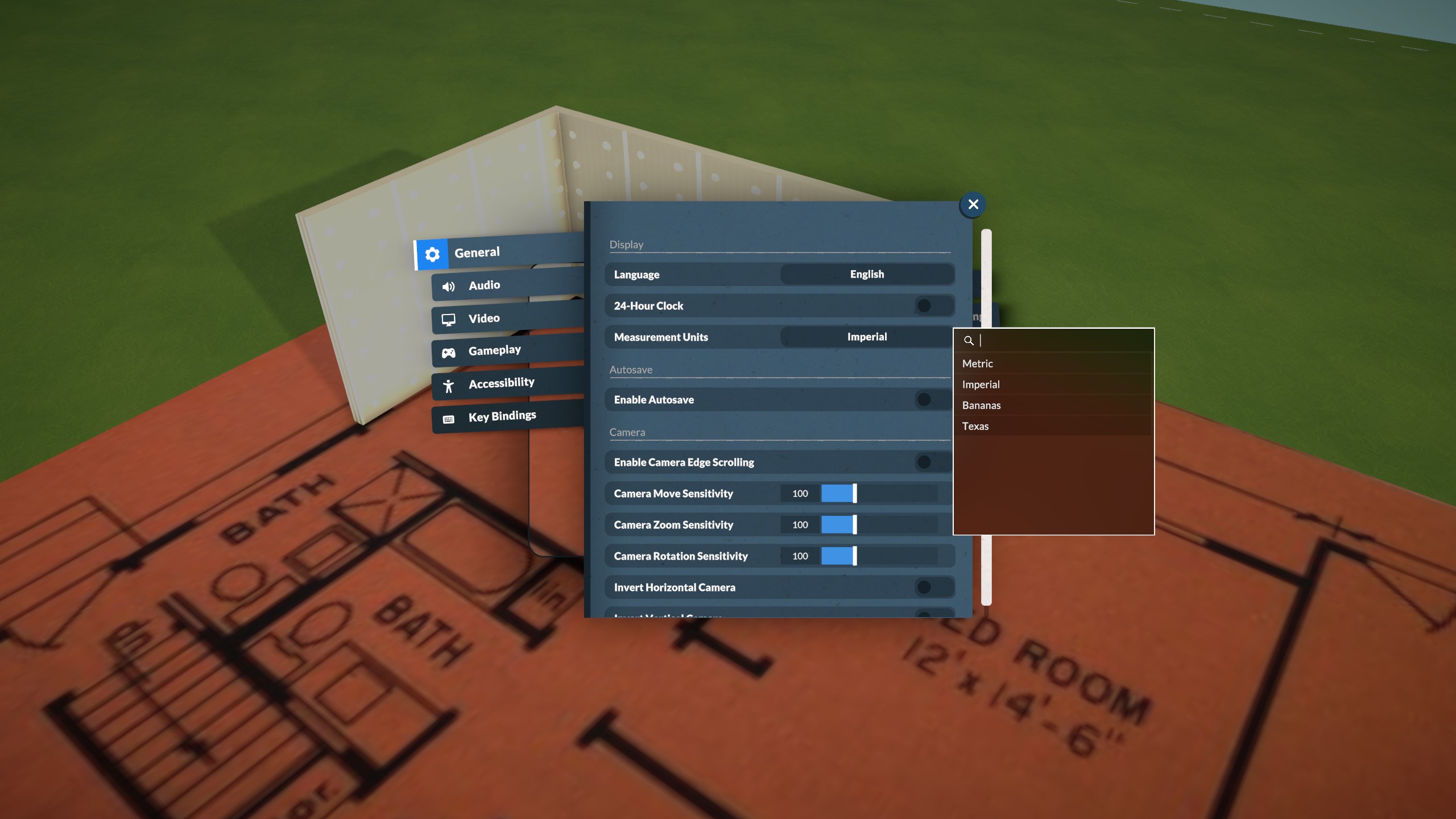 Paralives - The General game settings menu with a measurement dropdown showing options for imperial, metric, bananas, and Texas.