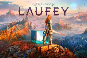 A character from the game 'God of War Laufey' stands in a vibrant, mythical landscape with the text 'LAUFEY' prominently displayed above.