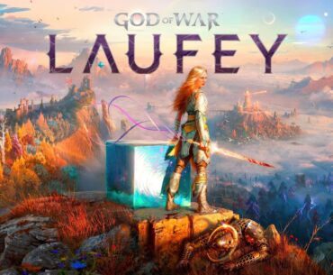 A character from the game 'God of War Laufey' stands in a vibrant, mythical landscape with the text 'LAUFEY' prominently displayed above.