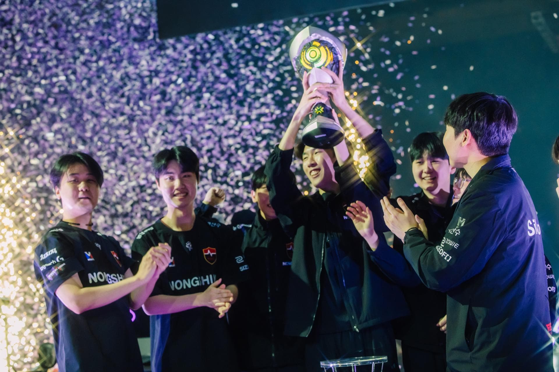Nongshim Redforce celebrating their Masters Santiago Title. Credit: Colin Young-Wolff/Riot Games