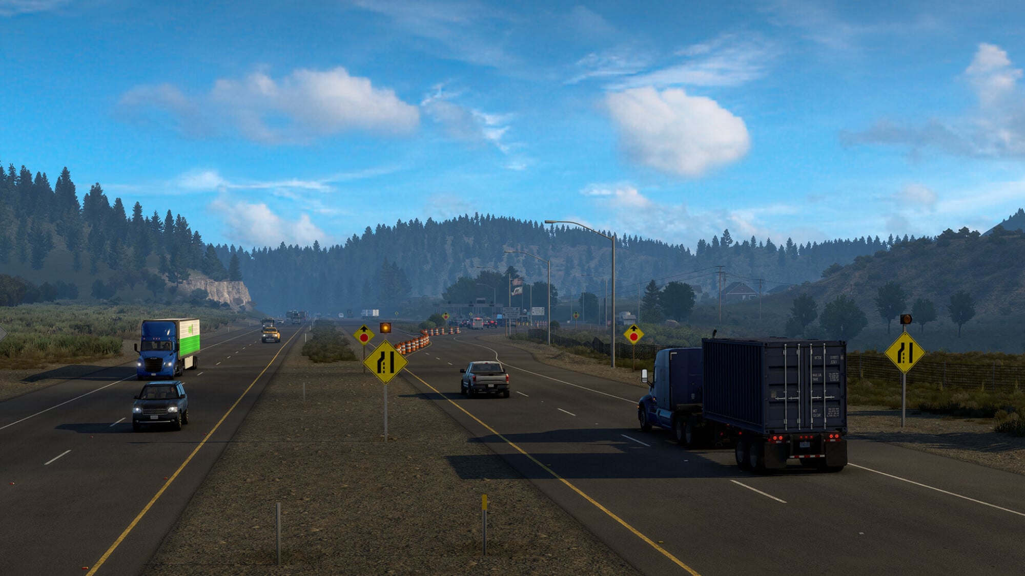 American Truck Simulator screenshot of a highway in the hills