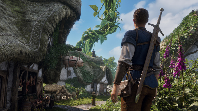 A character with a sword on their back is shown from behind in a rustic village. They look at a giant beanstalk that extends to the sky.