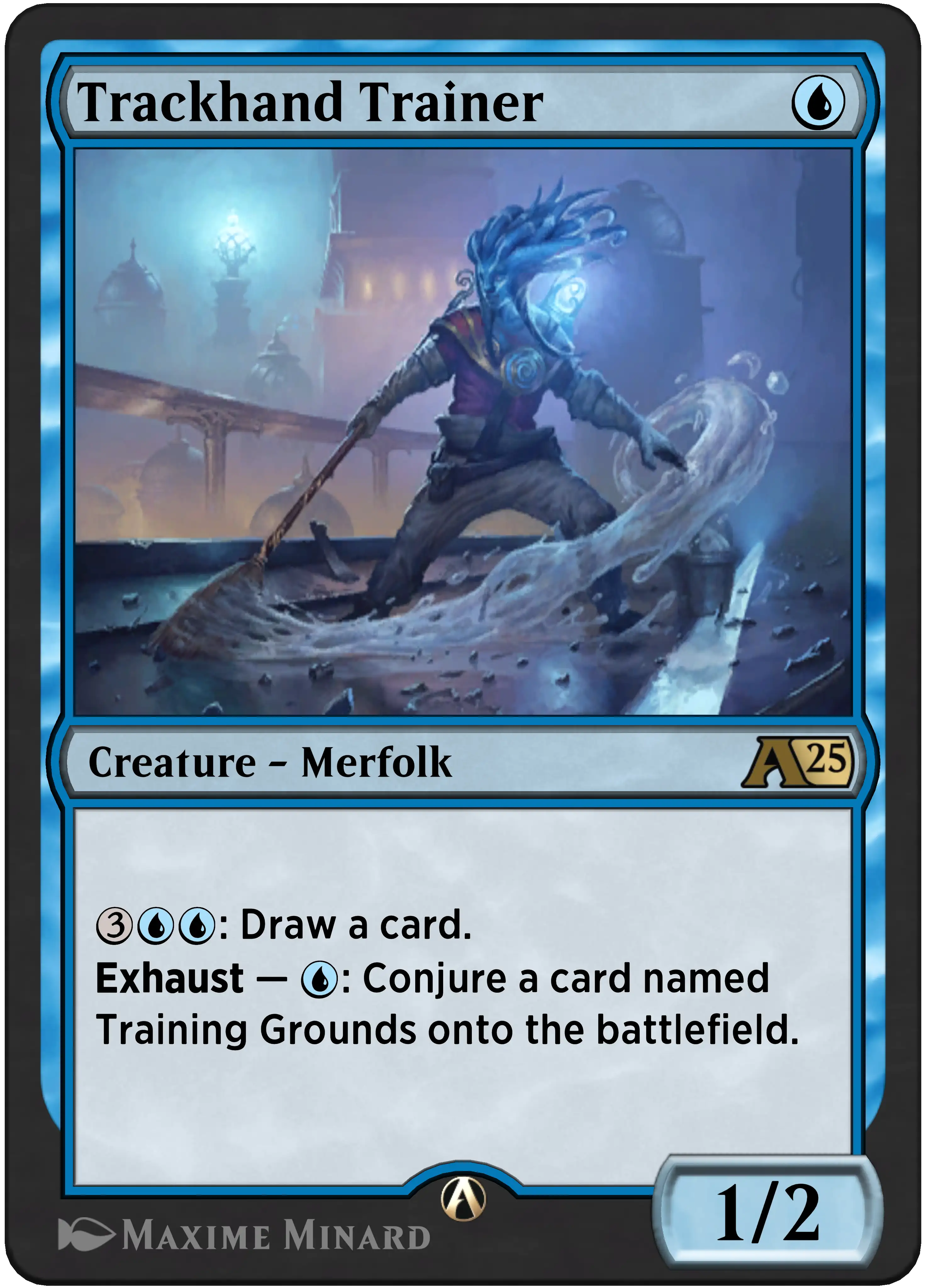 Trackhand Trainer: {3}{U}{U}: Draw a card. Exhaust–{U}: Conjure a card named Training Grounds onto the battlefield.