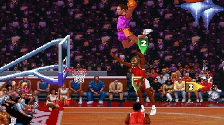 A basketball player zooms towards a hoop preparing to dunk in NBA Jam: Tournament Edition