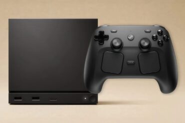 A black gaming console with a Steam logo and a matching controller is displayed against a plain background.