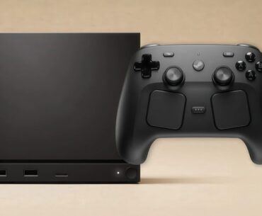 A black gaming console with a Steam logo and a matching controller is displayed against a plain background.