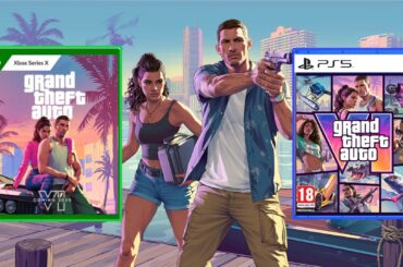 GTA6 screenshot with overlayed images of GTA6 Xbox box, and GTA6 PS5 box