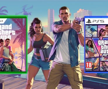 GTA6 screenshot with overlayed images of GTA6 Xbox box, and GTA6 PS5 box
