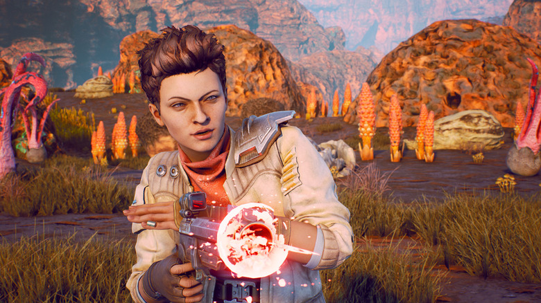 The player character fires a laser gun in The Outer Worlds