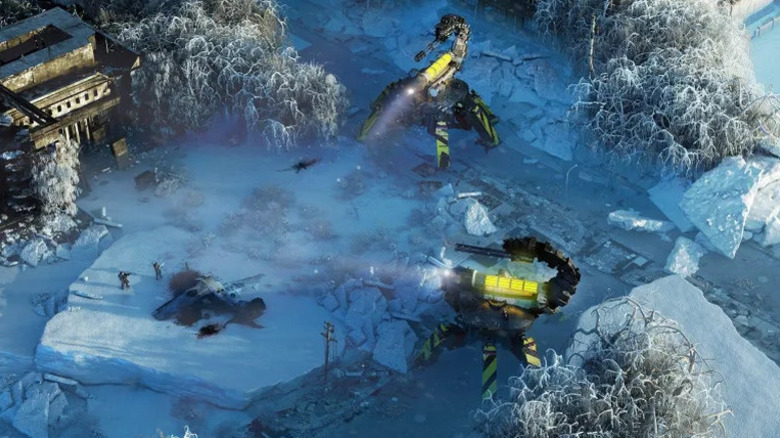 A squad faces to robots resembling large scorpions in Wasteland 3