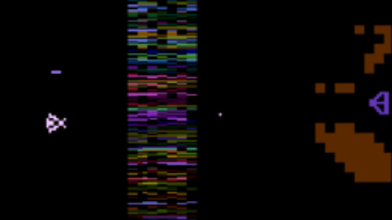 A bug-like sprite faces an enemy ship on the other side of a colorful barrier in Yars' Revenge