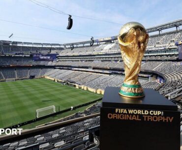 The FIFA World Cup trophy is displayed at an empty New York/New Jersey Stadium ahead of the FIFA World Cup Final