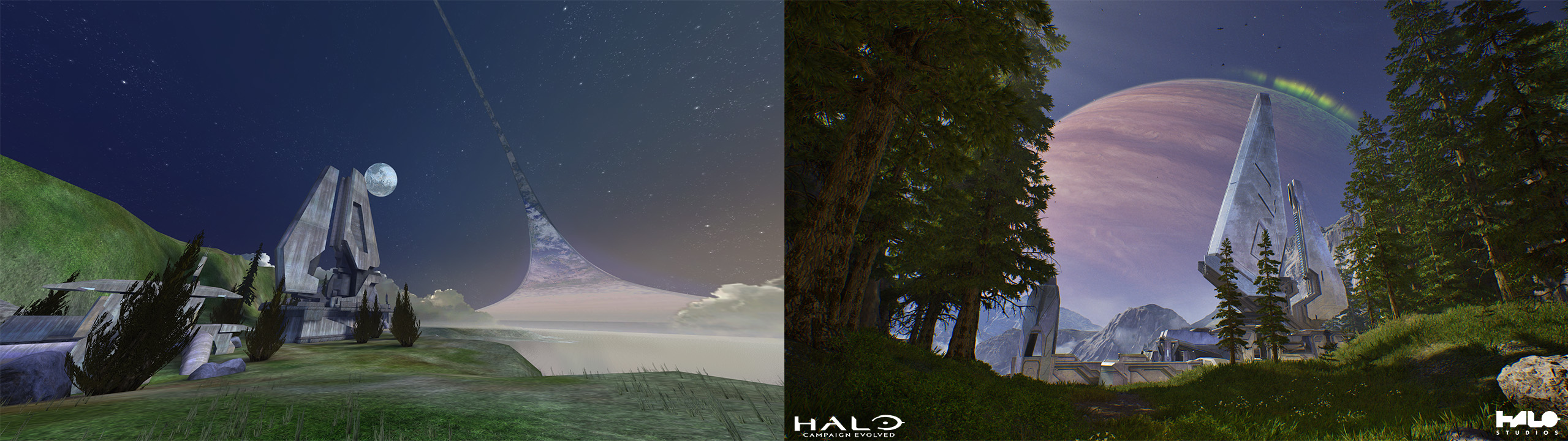 A side-by-side comparison of scenery from Halo: Combat Evolved and Halo: Campaign Evolved. A Forerunner tower perches on a bluff in "Halo," the second remade mission.