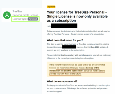 Another perpetual license being discontinued and switched to SaaS - TreeSize