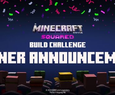 Minecraft Movie Build Challenge winner announcement graphic featuring confetti and a crowd of Minecraft characters facing a stage.