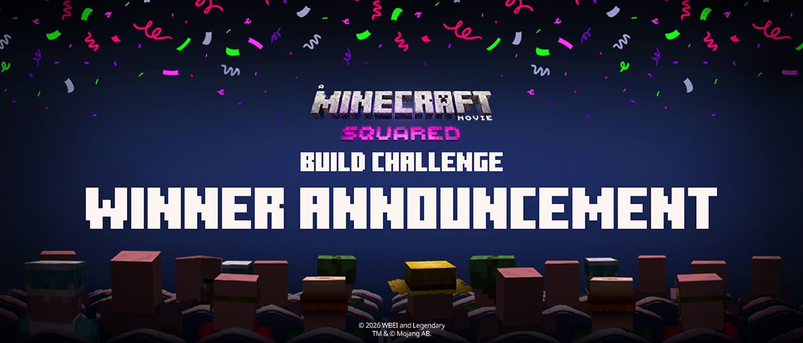 Minecraft Movie Build Challenge winner announcement Minecraft Movie Build Challenge winner announcement graphic featuring confetti and a crowd of Minecraft characters facing a stage.